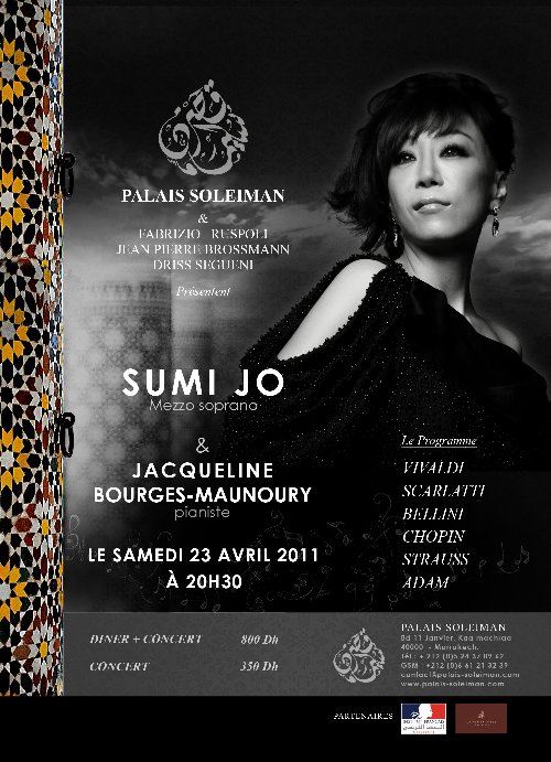 Affiche du concert du 23 avril 2011 au Palais Souleiman Sumi Jo et Jacqueline Bourgès-Maunoury