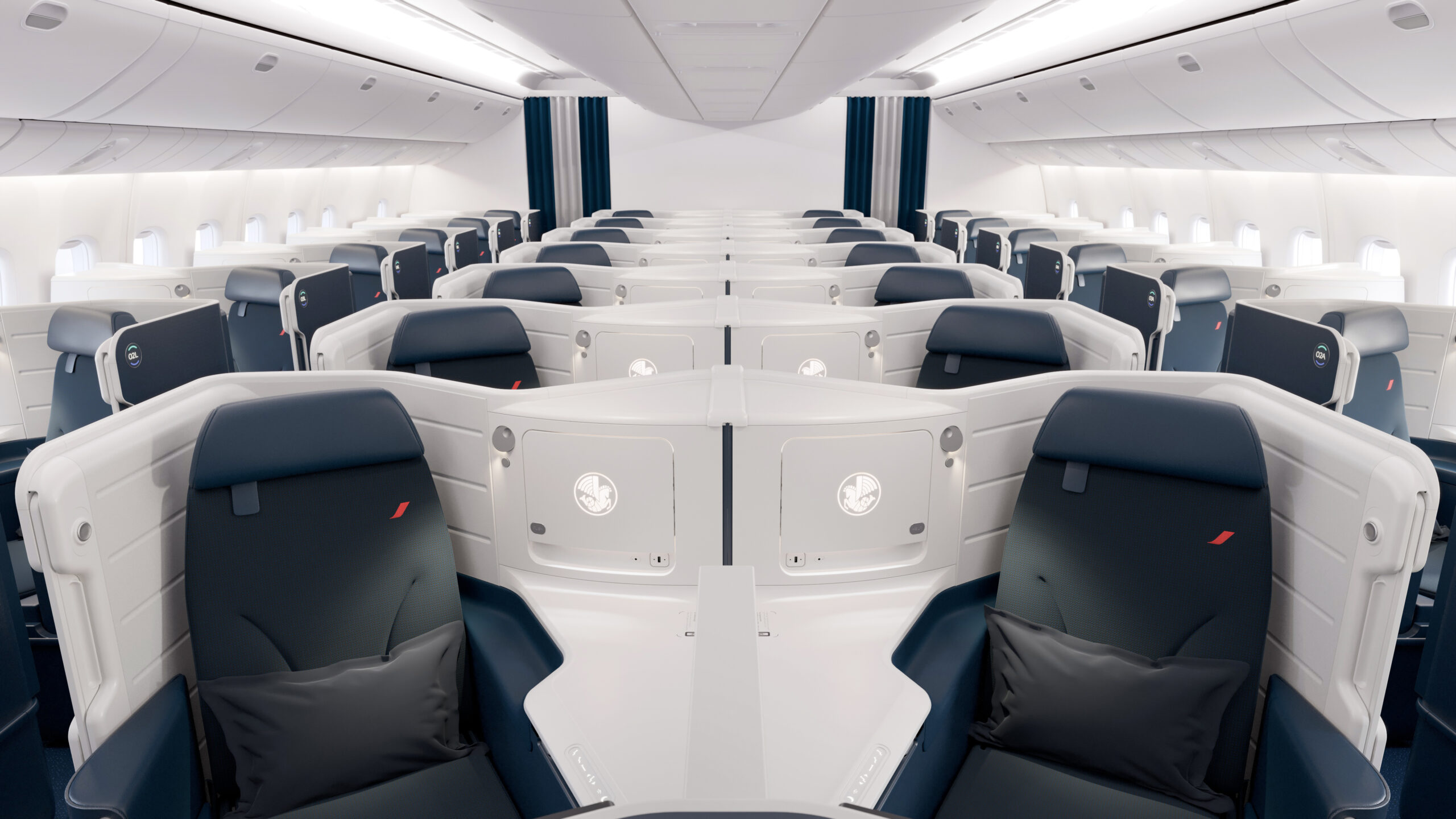 Fauteuils en cuir et laine de la cabine blanche et noire de la Business Class d'un avion Air France