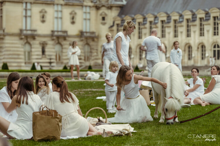 Enfants habillés en blanc qui caressent un poney blanc lors d'un pique nique organisé dans les jardins du château de Chantilly