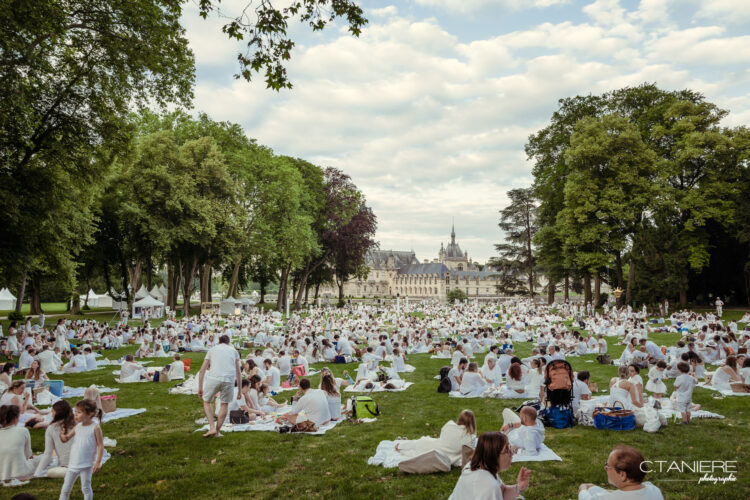 Des centaines de personnes vêtues de blanc qui participent au pique-nique en blanc organisé dans les jardins du château de Chantilly