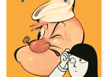 Affiche de l'expo de Popeye à Persepolis au Musée de la BD d'Angoulême avec un dessin de Popeye et un dessin de l'héroïne de Persepolis