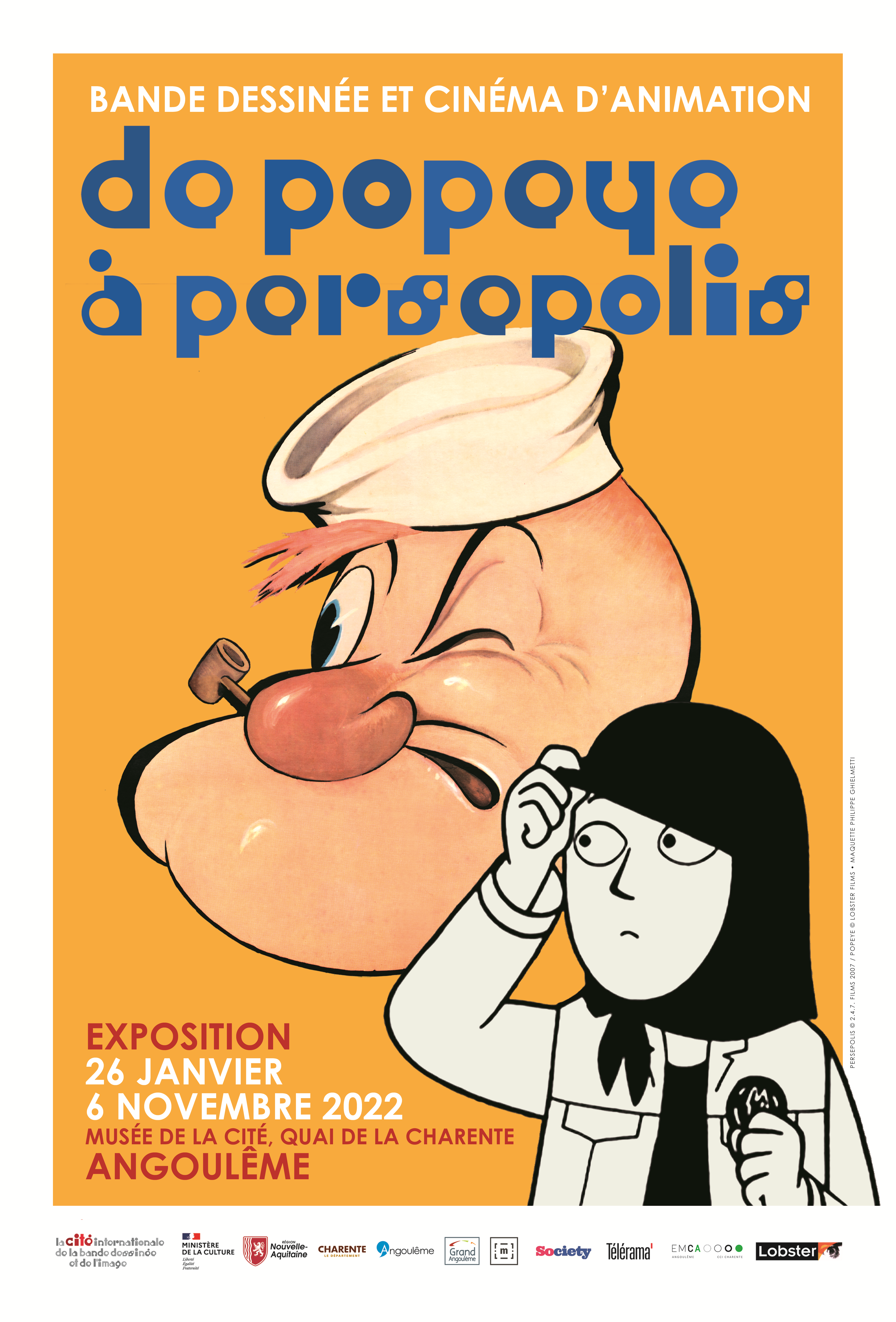 Affiche de l'expo de Popeye à Persepolis au Musée de la BD d'Angoulême avec un dessin de Popeye et un dessin de l'héroïne de Persepolis