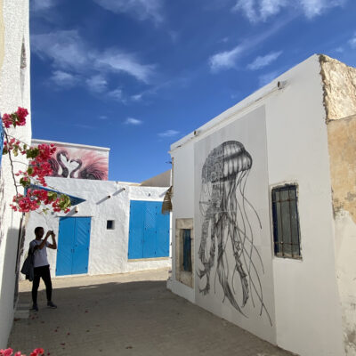 Ile de Djerba, en Tunisie: une rue d'un village traditionnel avec des maisons blanches, des portes aux volets bleus et sur l'un des murs, le dessin stylisé d'une pieuvre futuriste