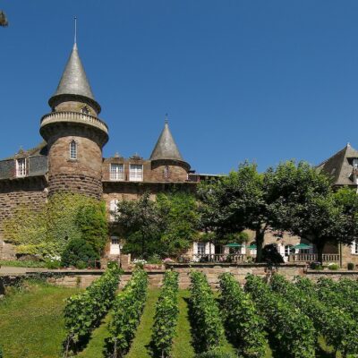 Vue des vignes, de la tour et de la façade de Castel Novel que l'on peut visiter lors d'un séjour à Brive