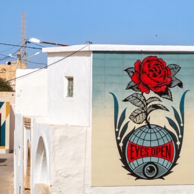 Ile de Djerba, en Tunisie: le mur blanc d'une maison recouvert d'une fresque représentant une rose rouge