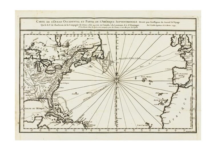 Une carte ancienne en noir et blanc représentant l'Amérique du Nord, l'océan Atlantique, le sud de l'Europe et le nord de l'Afrique: le genre de carte que l'on peut admirer au Salon du Livre rare & des Arts Graphiques