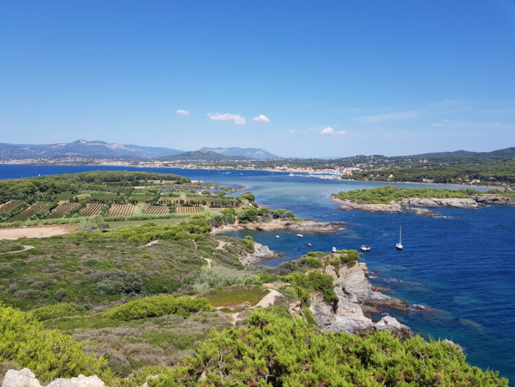 Vue aérienne de l'île des Embiez au large de Bandol et Toulon, avec ses vignes, sa garrigue, ses côtes bordées de falaises et de criques, ses pins maritimes et des voiliers qui mouillent au large