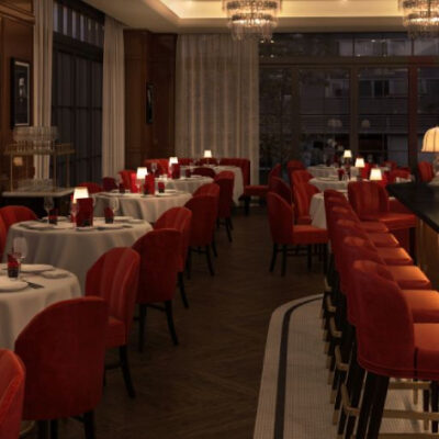 New York: le restaurant de l'Hôtel Barrière Fouquet's avec ambiance rouge et photos du Studio Harcourt