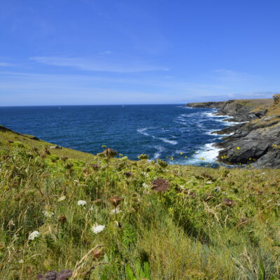 Vue d'une partie de la côte sauvage de l'île de Groix, avec ses falaises et chemins de randonnée le long de la lande